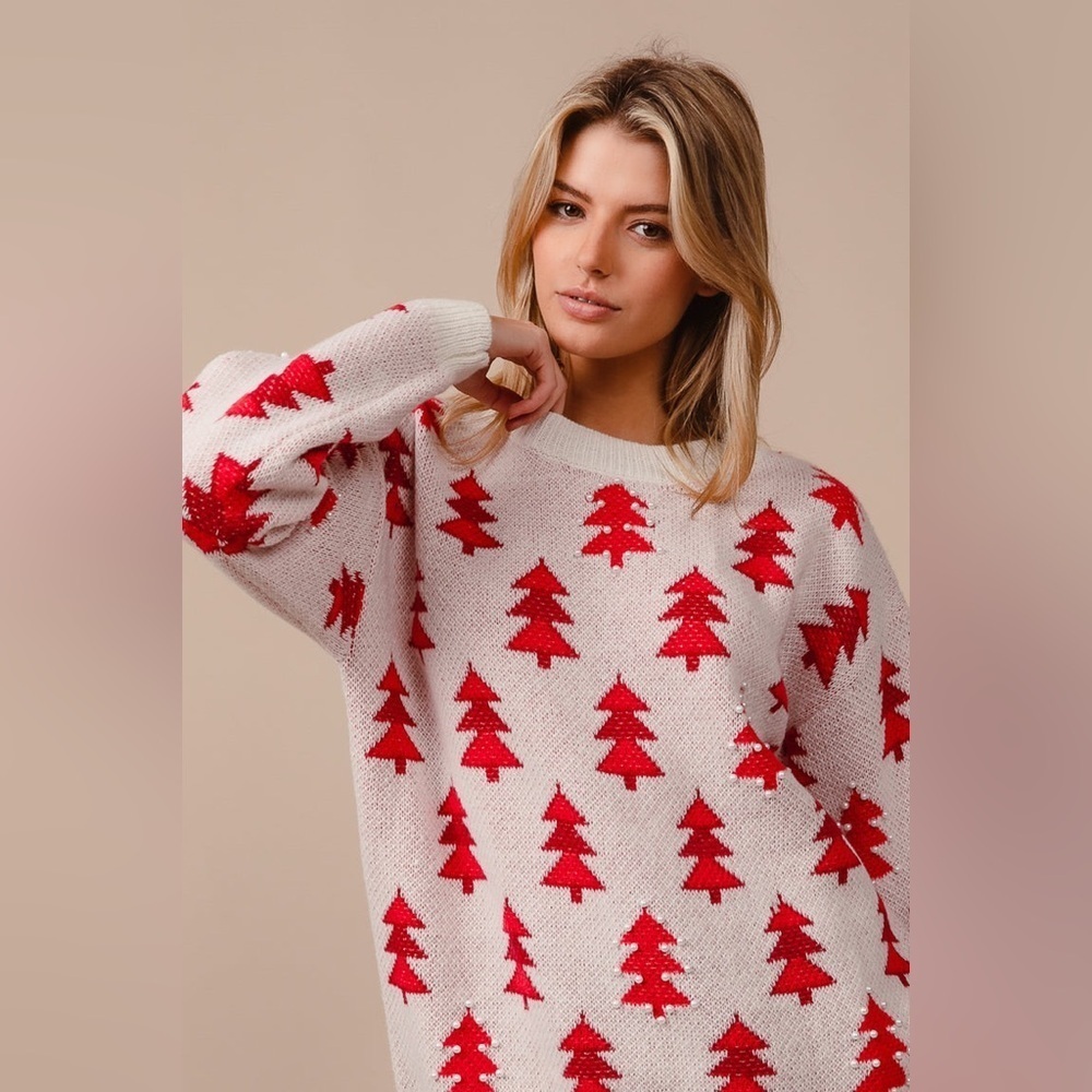 BiBi “ Pearls & Pines “ Winter Tree Holiday Sweater | Red